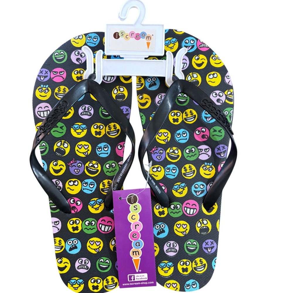 I Scream Funny Emojis Flip Flops Black Adult Large Women Thong Sandals Size 9/10